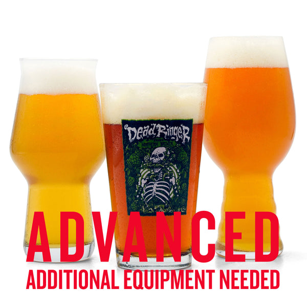 Three glasses of beer in different styles—hazy, clear amber, and orange—with foam heads. The center glass features a “Dead Ringer” label with a skeletal design and "Northern IPA" text. Bold red text overlays the image reading “ADVANCED” and “ADDITIONAL EQUIPMENT NEEDED.