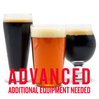 Three glasses of fall-themed craft beer with creamy foam heads, showcasing dark saison, westcoast IPA, and porter in a seasonal advanced homebrew variety pack – additional brewing equipment required."
