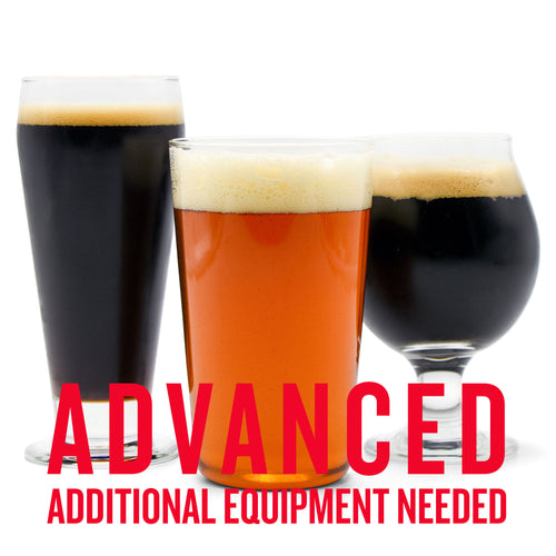 Three glasses of fall-themed craft beer with creamy foam heads, showcasing dark saison, westcoast IPA, and porter in a seasonal advanced homebrew variety pack – additional brewing equipment required."