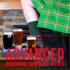 Three Irish-style beers—stout, red ale, and blonde—set on books and a stool, with a person in a green plaid kilt and patterned socks standing behind. Text reads: “ADVANCED – ADDITIONAL EQUIPMENT NEEDED.”