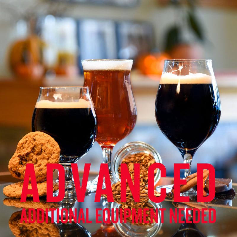Three dark and amber beers with frothy heads on a reflective surface, surrounded by cookies, spices, and a jar of dried ingredients. Text reads: “ADVANCED – ADDITIONAL EQUIPMENT NEEDED.”