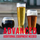 Three beers in unique glasses—dark stout, pale lager, and amber ale—lined up outdoors. Text reads: “ADVANCED – ADDITIONAL EQUIPMENT NEEDED.”