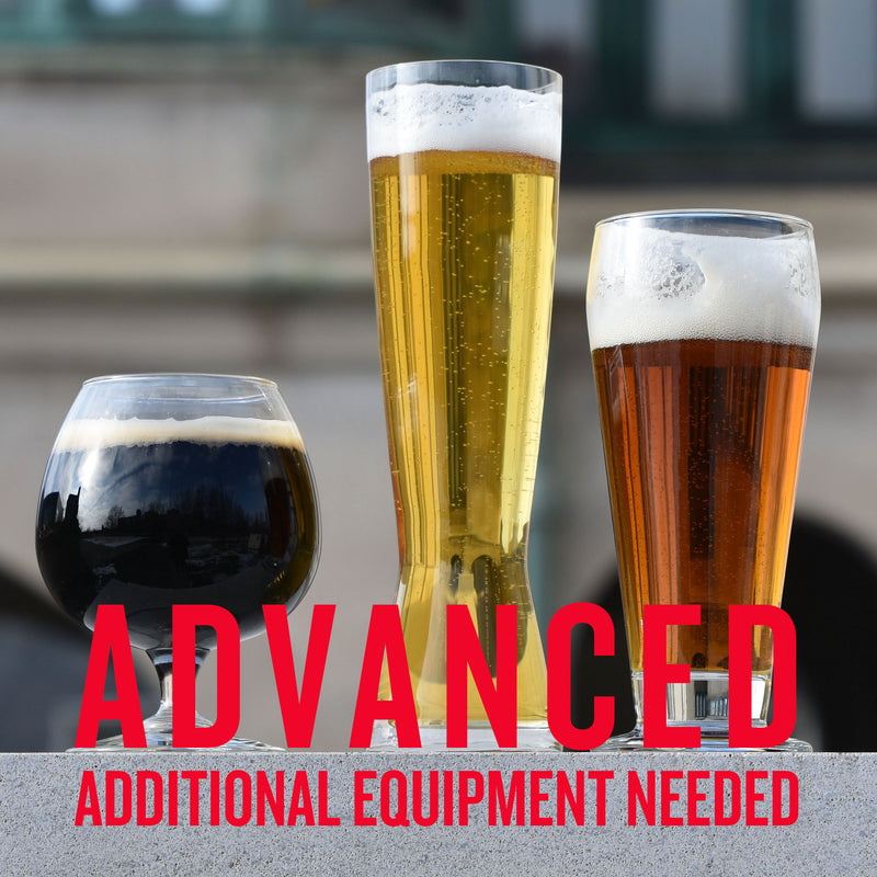 Three beers in unique glasses—dark stout, pale lager, and amber ale—lined up outdoors. Text reads: “ADVANCED – ADDITIONAL EQUIPMENT NEEDED.”