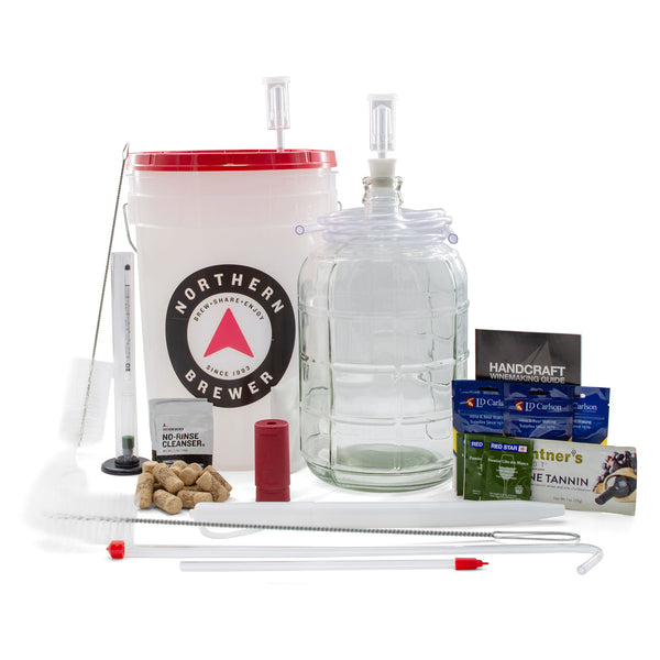 Complete 3-gallon fruit winemaking equipment setup from Master Vintner, featuring a 6.5-gallon fermenting bucket, 3-gallon glass carboy, winemaking ingredients, siphoning tools, corks, brushes, and airlocks—perfect for small-batch home wine fermentation.