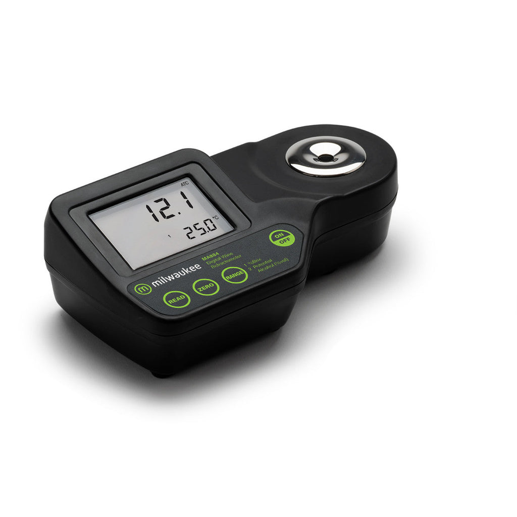 Angled top view of Milwaukee MA884 refractometer with active LCD showing Brix and temperature