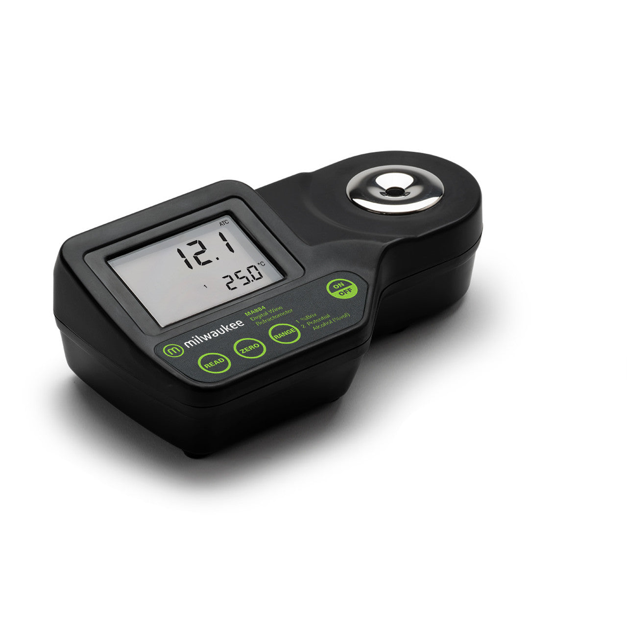 Angled top view of Milwaukee MA884 refractometer with active LCD showing Brix and temperature