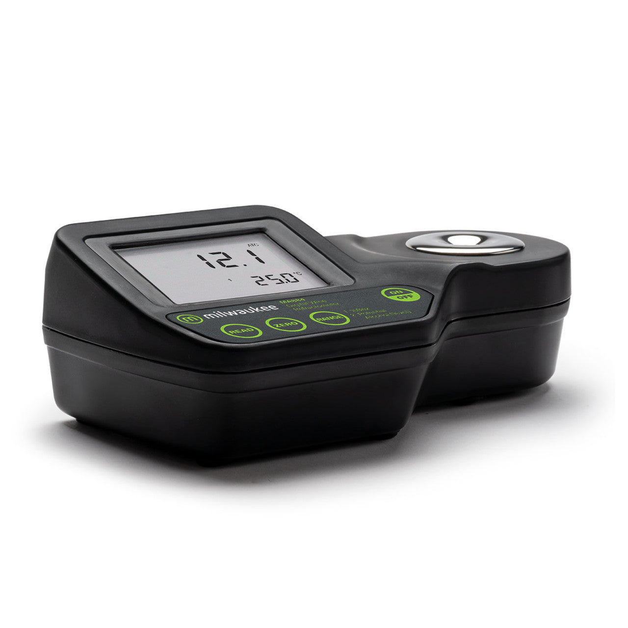 Angled side view of Milwaukee MA884 refractometer with LCD screen displaying Brix and temperature