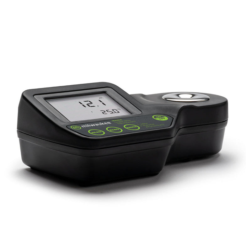 Angled side view of Milwaukee MA884 refractometer with LCD screen displaying Brix and temperature