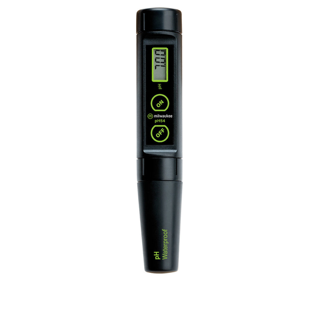 Milwaukee pH54 pH meter standing vertically with waterproof cap attached, displaying a pH reading of 7.01 on its LCD screen.