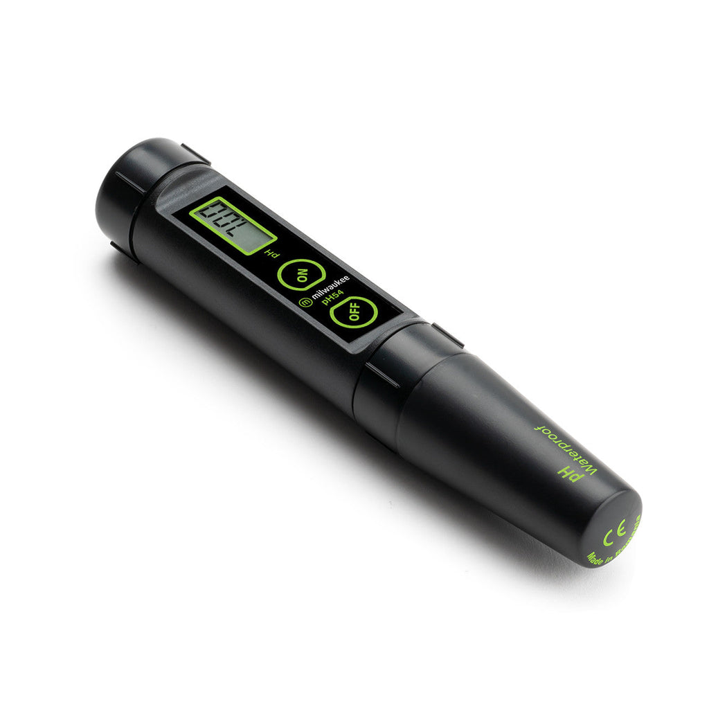 Angled view of the Milwaukee pH54 pH meter lying flat, with the LCD screen displaying 7.01 and showing its waterproof protective cap in place.