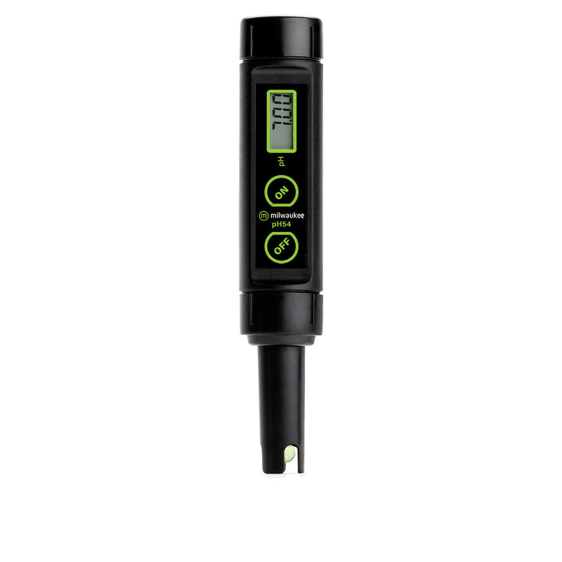 ront view of the Milwaukee pH54 pH meter in an upright position, powered on and displaying a pH reading of 7.00 on the digital screen.