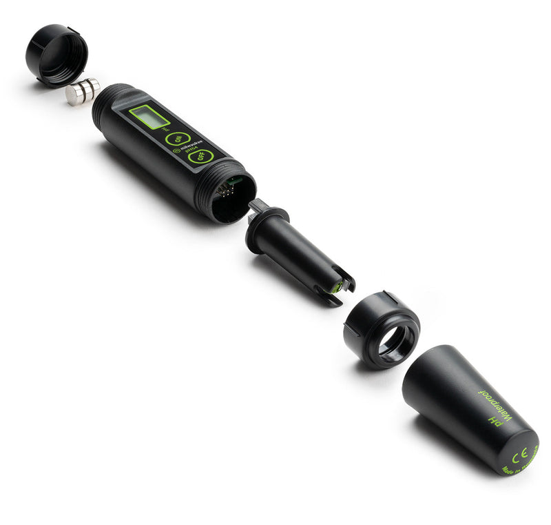 Exploded view of the Milwaukee pH54 meter showing disassembled parts including the battery compartment, digital body, replaceable electrode module, and protective cap.