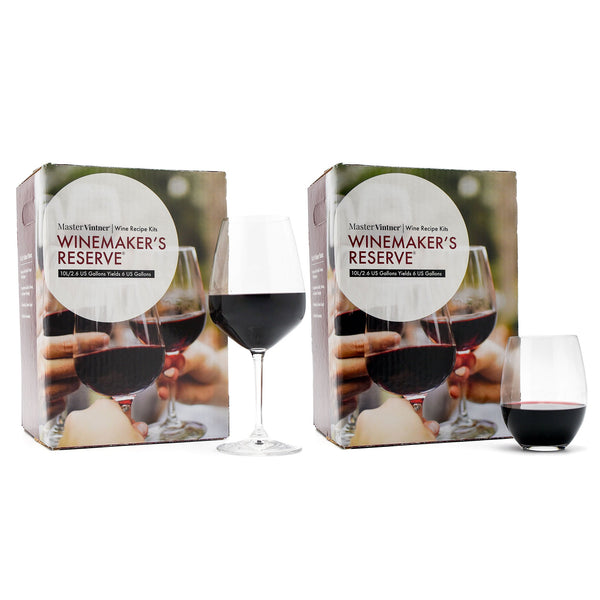 Two Master Vintner Winemaker’s Reserve wine kits with red wine glasses – Big Red Two Pack
