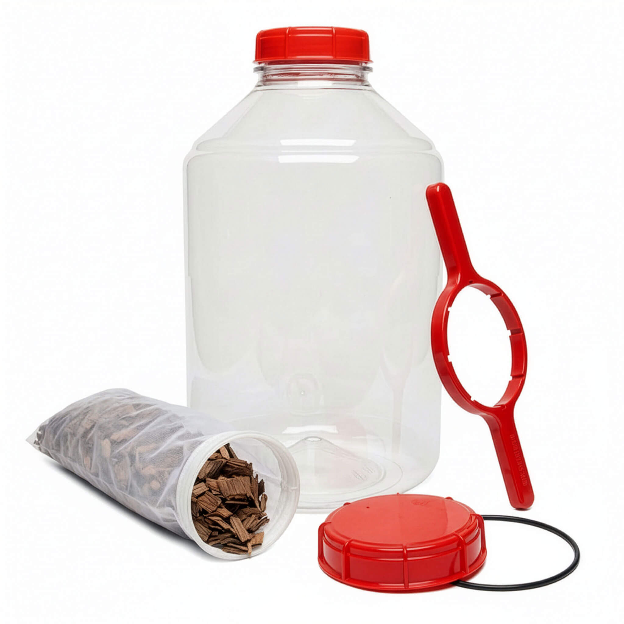 Clear fermentor with mesh bag filled with oak chips, lid remover, black o-ring, red lid