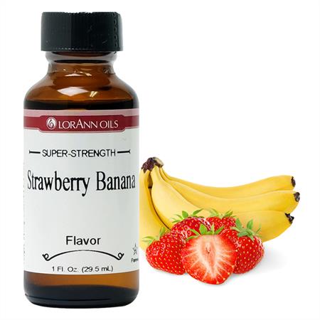 Bottle of LorAnn Oils Strawberry Banana flavor with strawberries and bananas on a white background
