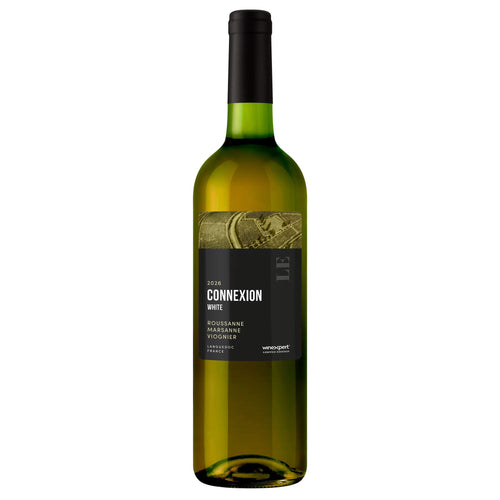 A bottle of Winexpert LE26 white wine in a green glass bottle with a black cap and a black label reading 'Connexion White' and 'Roussanne White'.