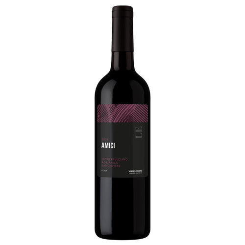 A bottle of  Amici 2016 Montepulciano Aglianico Sangiovese wine from the brand Winexpert LE26, featuring a black bottle and a label with a dark gray background and a textured magenta band.