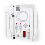 Wine making tools and accessories laid out on a white background, including siphon tubing, airlocks, brushes, hydrometer, no-rinse cleanser, corker, bottle filler, and other fermentation equipment from the Master Vintner wine kit.