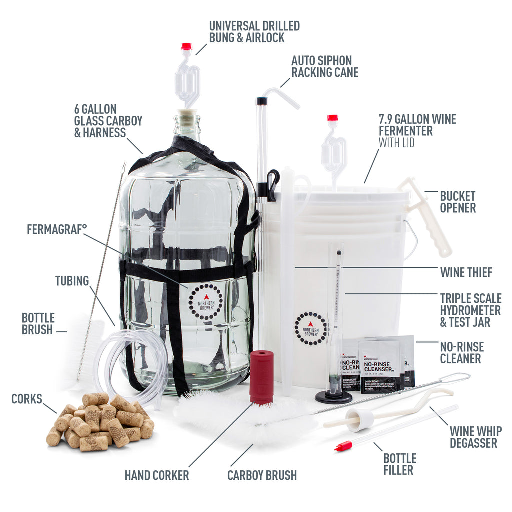 Wine stater kit with components labeled