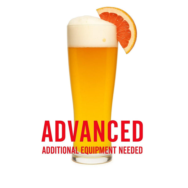 Sunny Side Grapefruit Radler in a glass with a grapefruit wedge and a text overlay "Advanced Additional Equipment Needed"