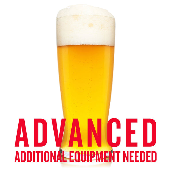 Glass of Beekeeper's Saison Beer with overlay text "Advanced Additional Equipment Needed."