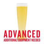 Tall pilsner glass filled with a clear, golden Japanese rice lager, labeled "Advanced – Additional Equipment Needed" for advanced homebrewing kits.