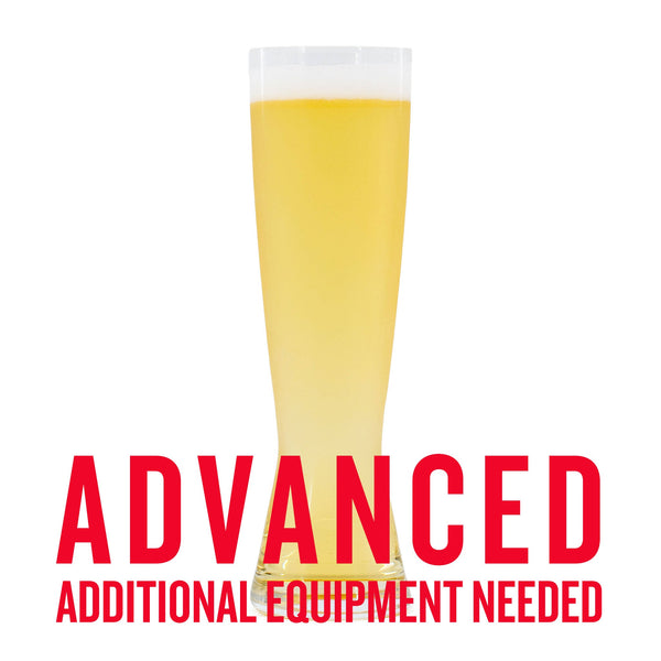 Tall pilsner glass filled with a clear, golden Japanese rice lager, labeled "Advanced – Additional Equipment Needed" for advanced homebrewing kits.