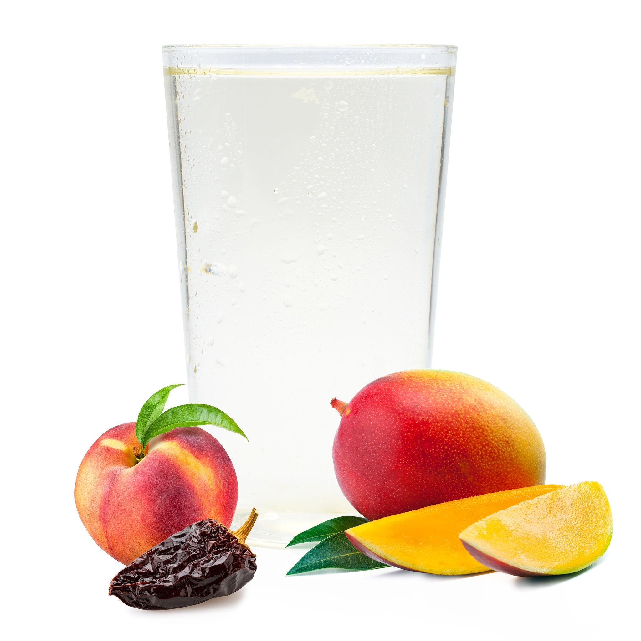 Spicy mango peach Ranch Water with fresh mango slices, peach, and dried chipotle chile in front of glass