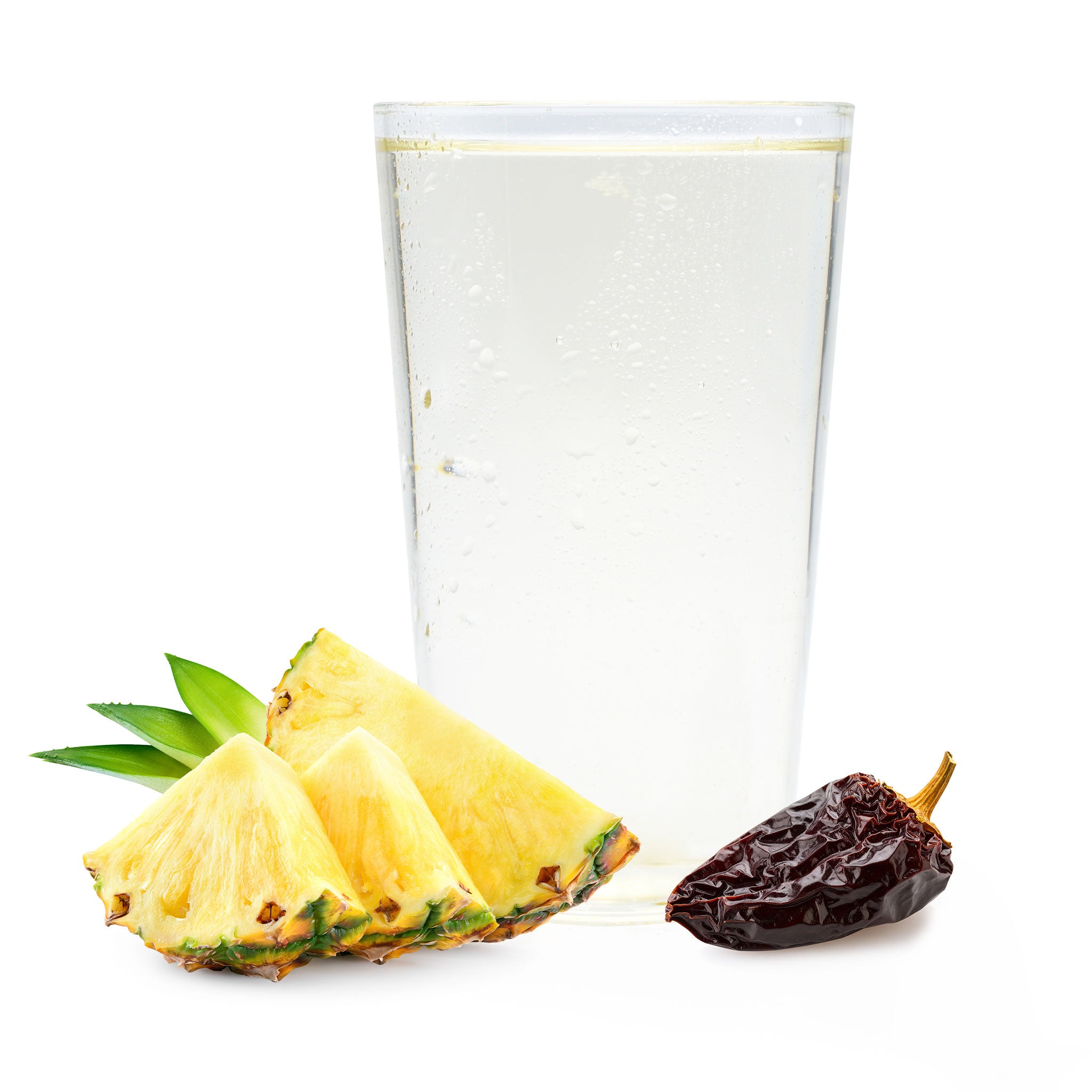 Smoky pineapple chipotle Ranch Water with pineapple chunks and dried chipotle chile next to bubbly glass.