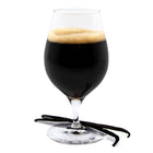 Vanilla Porter in stemmed glasswear with vanilla beans at the base.