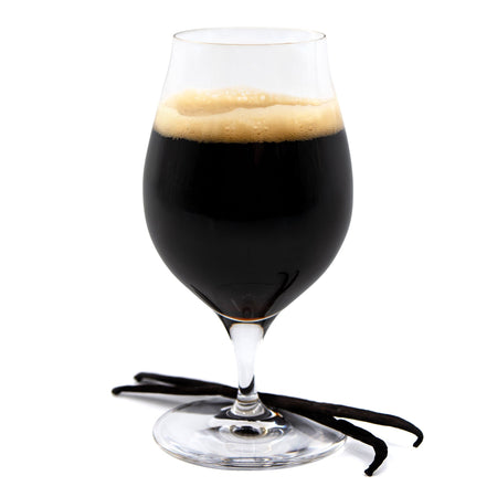 Vanilla Porter in stemmed glasswear with vanilla beans at the base.