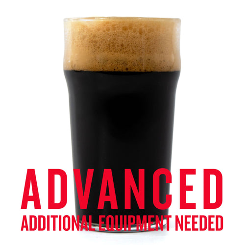 Glass of dark beer with a thick foam head on a white background, text 'Advanced Additional Equipment Needed' in red.