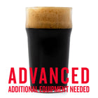 Glass of dark beer with a thick foam head on a white background, text 'Advanced Additional Equipment Needed' in red.