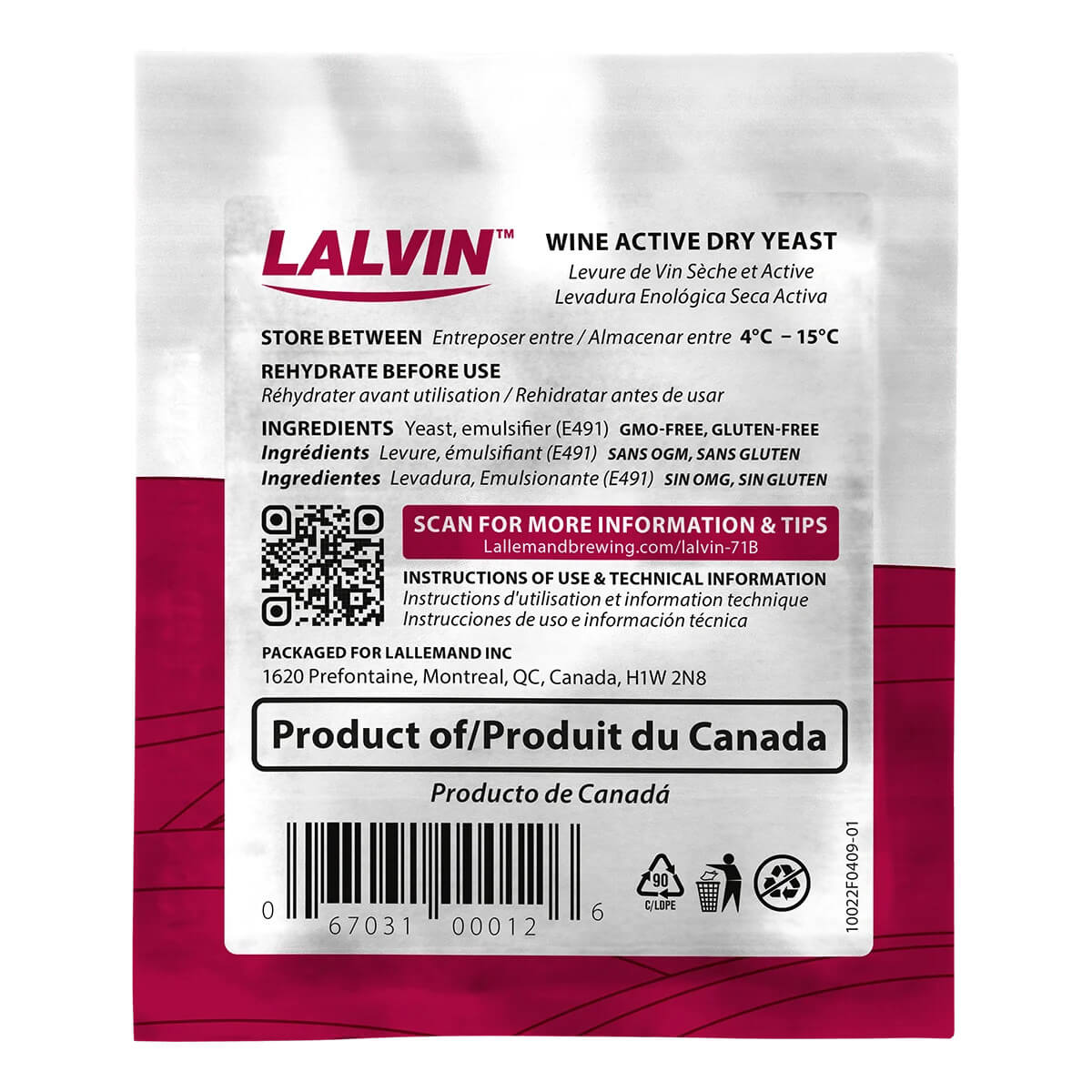 Back of Lalvin QA23 wine yeast packaging