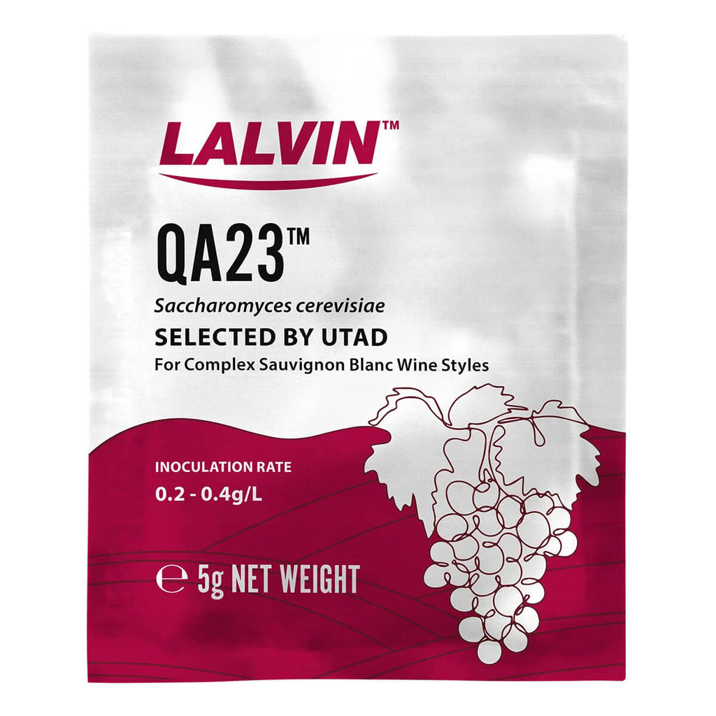 Lalvin QA23 wine yeast package with grape illustration on a white background