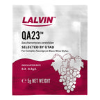 Lalvin QA23 wine yeast package with grape illustration on a white background