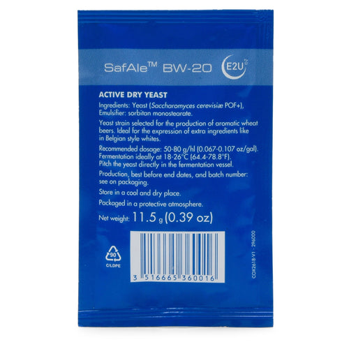 Backside of a packet of SafAle BW-20 Belgain Wheat Beer Dry Yeast