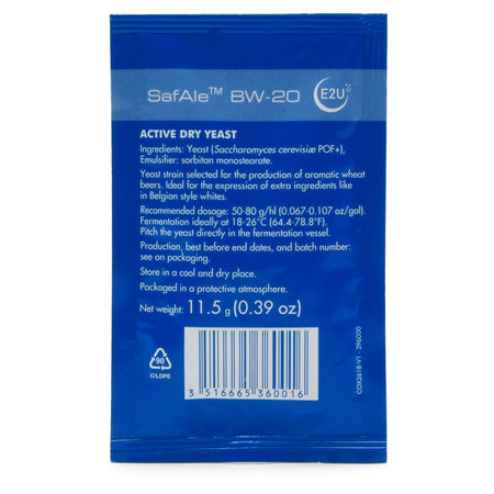 Backside of a packet of SafAle BW-20 Belgain Wheat Beer Dry Yeast