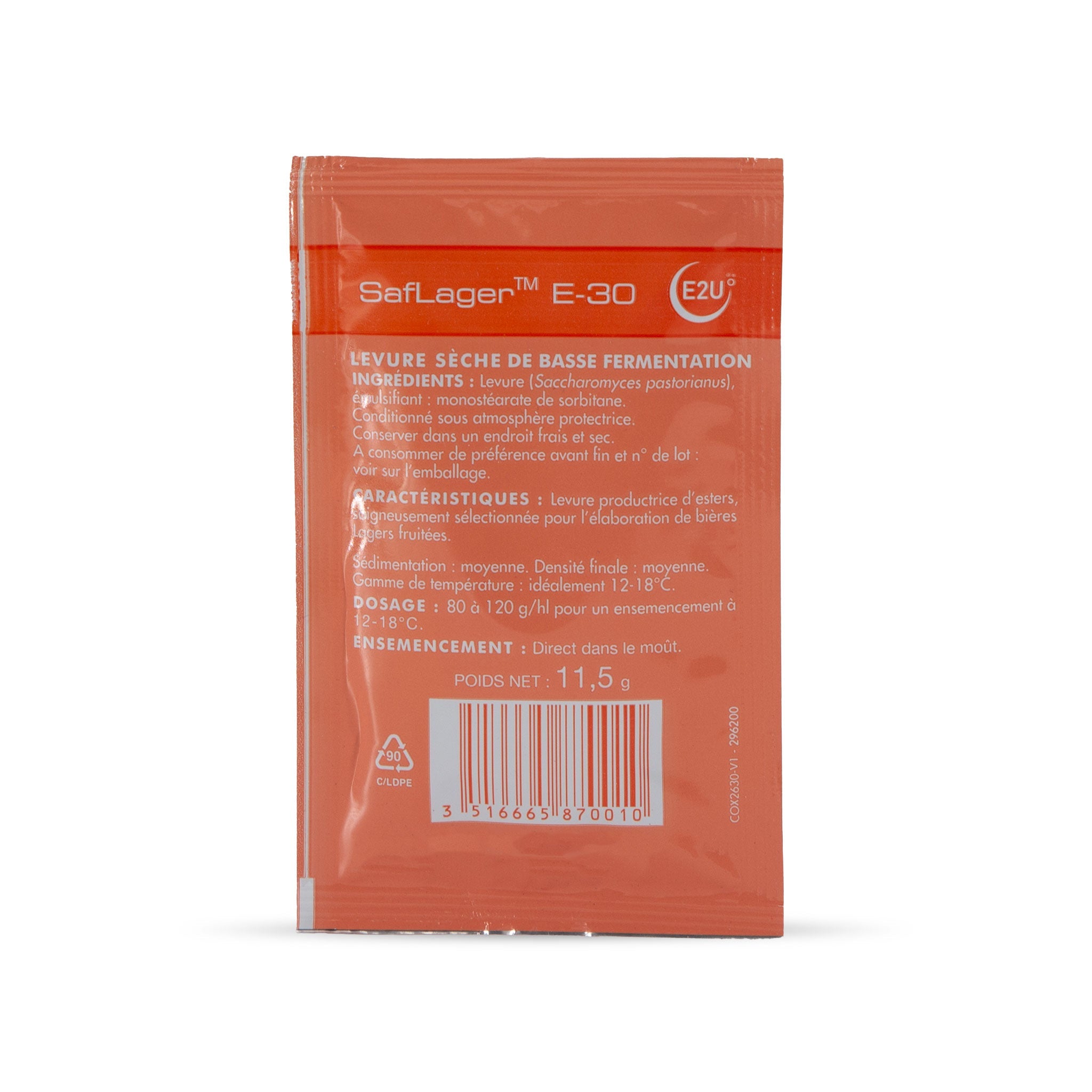 Backside of a packet of SafLager E-30 Yeast