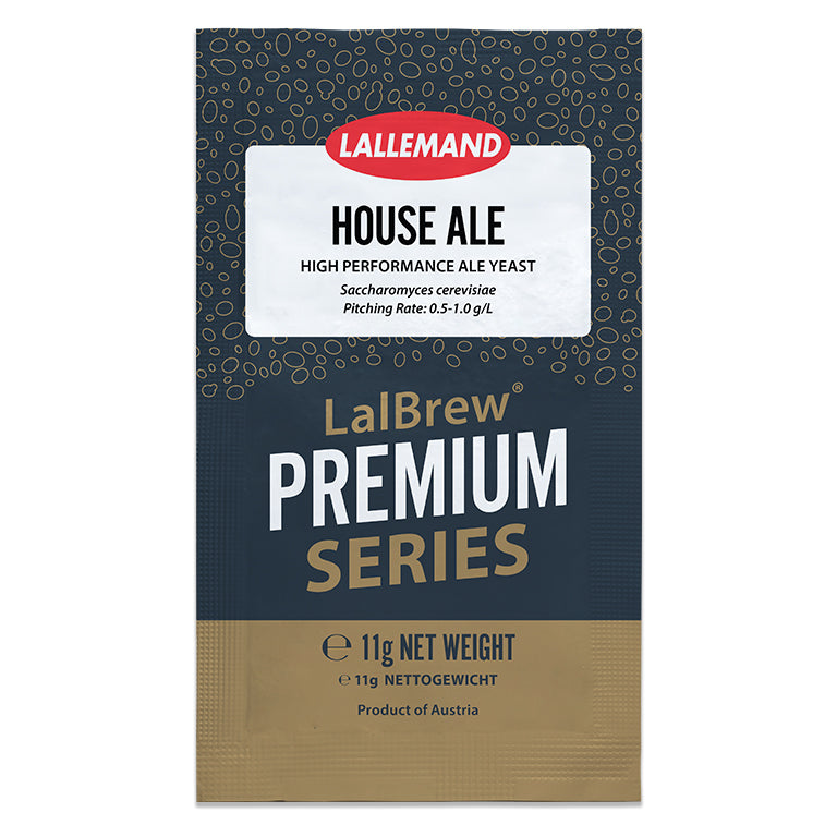Lallemand LalBrew Premium Series House Ale yeast packet on a white background