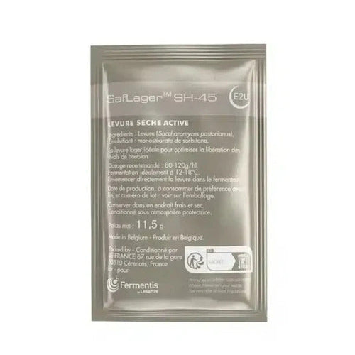 Fermentis yeast packet labeled 'Saflager SH-45' on a white background
