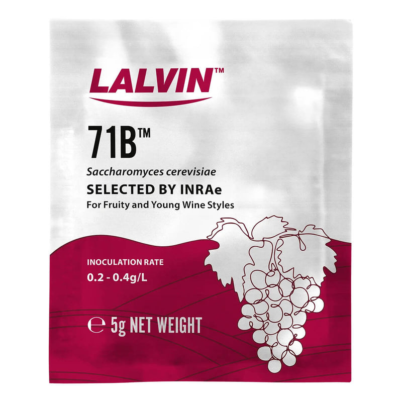 Lalvin 71B yeast package with grape illustration on a white background