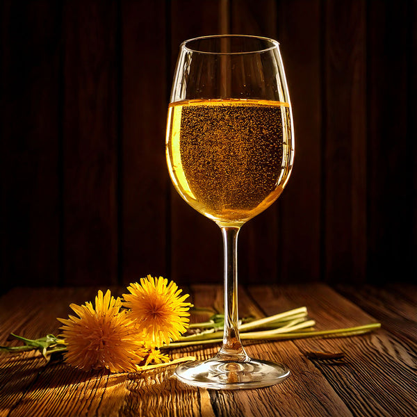 Glass of white wine with dandelions on a wooden table