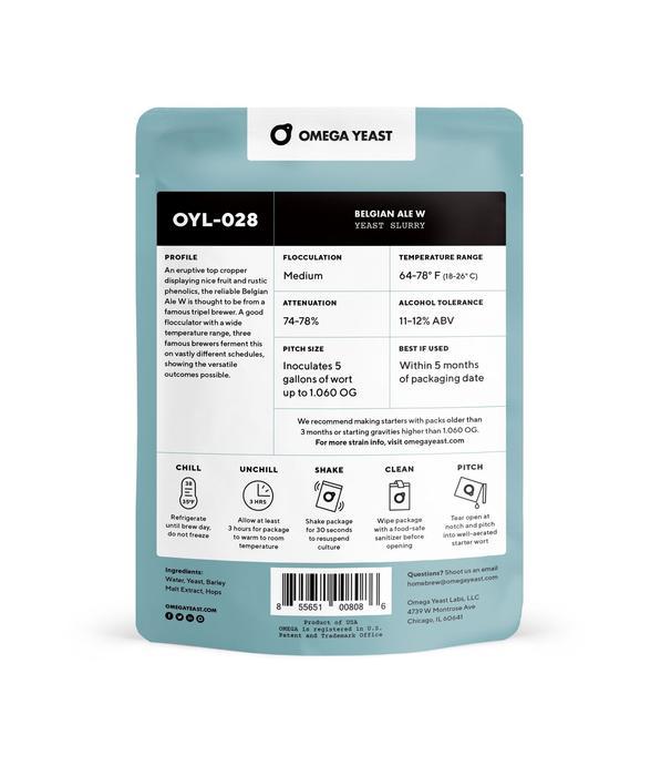 Back view of Omega Yeast's Belgian Ale W OYL028 container