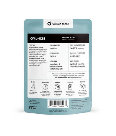 Back view of Omega Yeast's Belgian Ale W OYL028 container