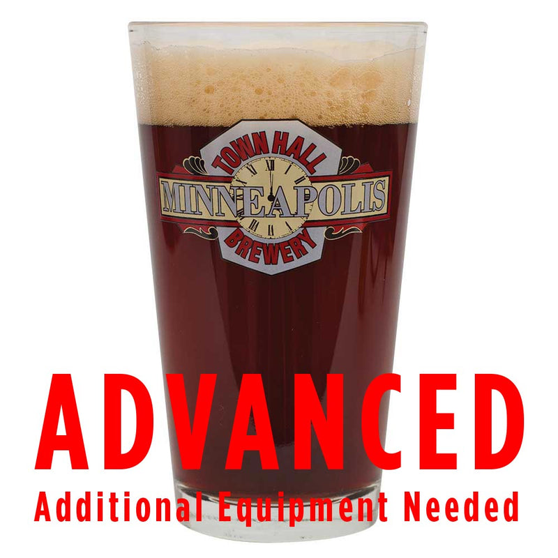 town hall hope and king homebrew in a drinking glass with a customer caution in red text: "Advanced, additional equipment needed" to brew this recipe kit