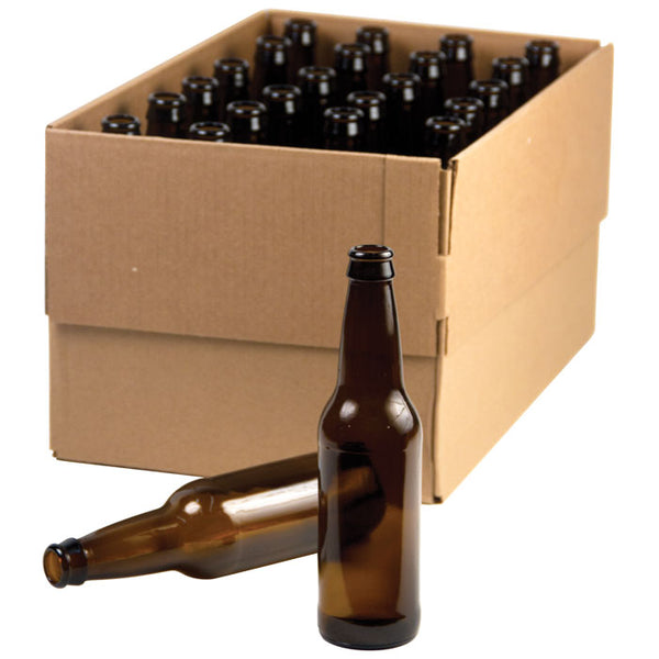 12 ounce amber glass Beer Bottles in a case, with two on display in front