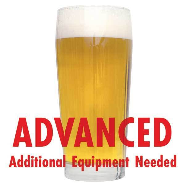 A tall glass of Pre-Prohibition Lager with a customer caution in red text: "Advanced, additional equipment needed" to brew this recipe kit