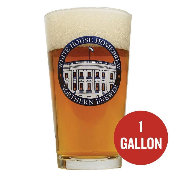 White House Honey Ale in a pint glass beside "1-Gallon" written in a red circle