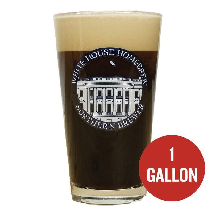 White House Honey Porter in a pint glass beside a red circle containing the text "1-gallon"